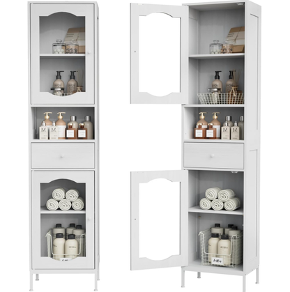 POAO 66.4" Tall Bathroom Storage Cabinet with Adjustable Shelves and Glass Doors, Anti-Tipping Narrow Cabinet, Linen Cabinet for Bathroom, Kitchen, Living Room, Cloud White